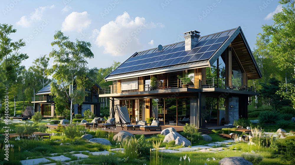 Solar Panels Powered Residential Houses Models Concept Image Aspect 16:9