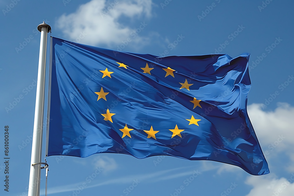 Waving European flag on a flagpole Waving European flag on a flagpole