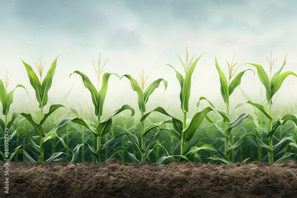 Corn seedlings in neat rows, early morning mist, soft lighting, natural colors, watercolor Corn seedlings in neat rows, early morning mist, soft lighting, natural colors, watercolor