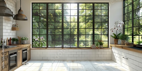 Modern Kitchen with Large Window and Lush Greenery