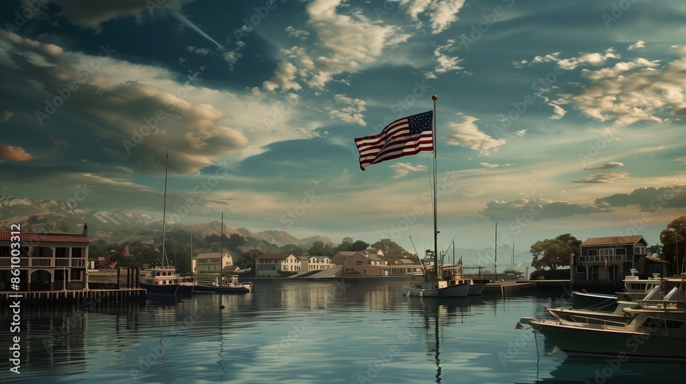 An American flag flying high over a serene coastal harbor, with boats gently bobbing in the water below An American flag flying high over a serene coastal harbor, with boats gently bobbing in the water below