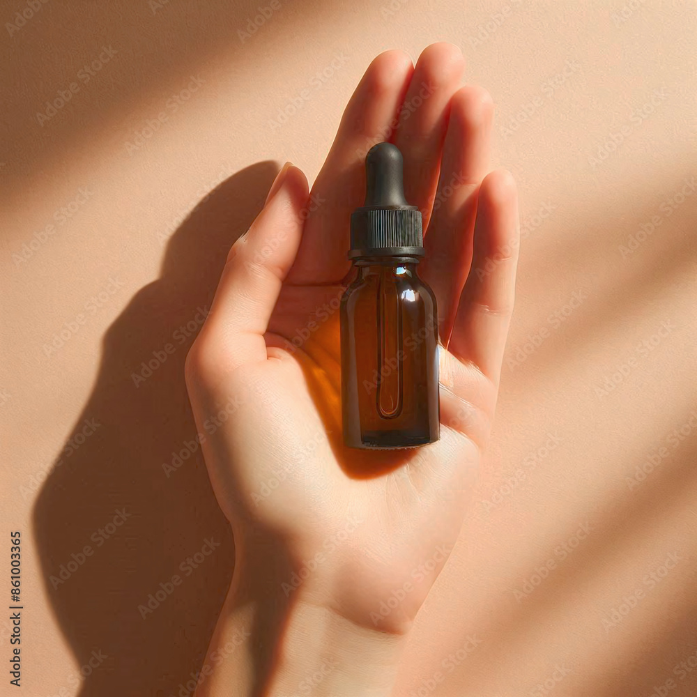 Female hands holding glass dropper bottle with serum or essential oil. Female hands holding glass dropper bottle with serum or essential oil.