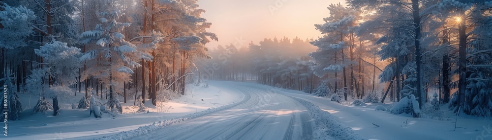 Fototapeta premium A tranquil winter scene featuring a winding road through a snow-covered forest at sunrise, bathed in soft golden light.