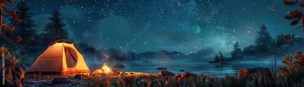 Naklejka premium A serene night camping scene by a lake with a glowing tent and campfire under a starry sky, surrounded by trees and mountains.