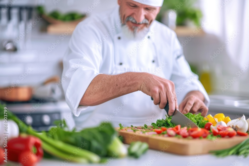 Senior Professional Chef Preparing Vegetables in Kitchen Senior Professional Chef Preparing Vegetables in Kitchen