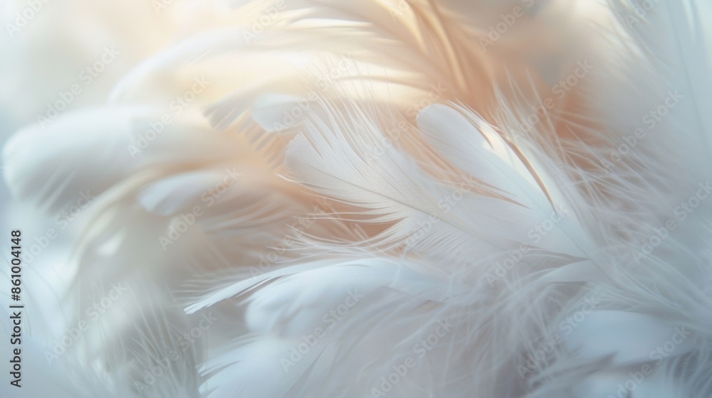 Obraz premium A close-up of soft, white feathers under gentle lighting, creating a serene and delicate texture in a dreamy setting.