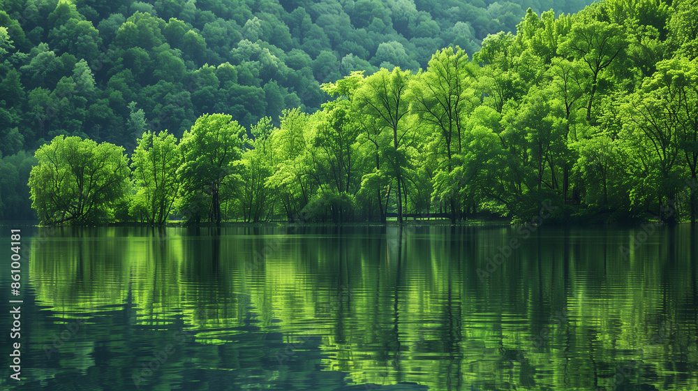 green trees reflected in water green trees reflected in water