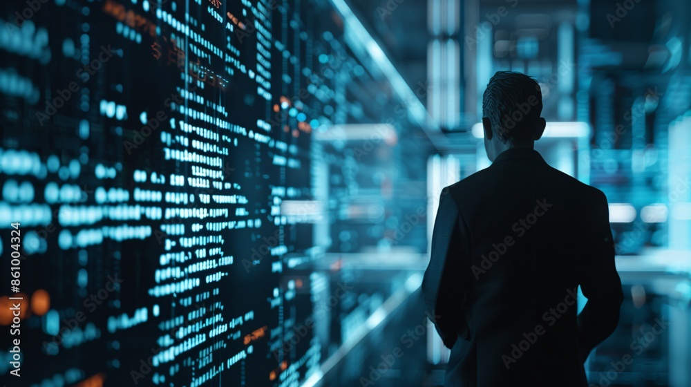 A businessman interacts with holographic bankruptcy documents in a futuristic office, the glowing projections highlighting the severe financial distress being analyzed. The image is designed with A businessman interacts with holographic bankruptcy documents in a futuristic office, the glowing projections highlighting the severe financial distress being analyzed. The image is designed with