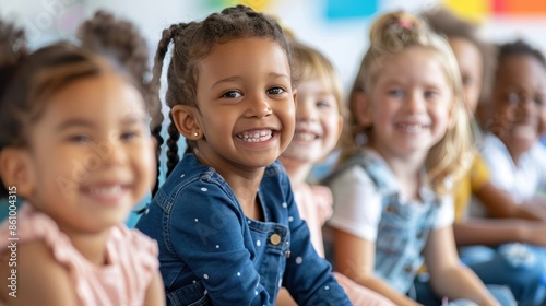 A diverse group of young children smiling in a bright classroom setting, showcasing joy and inclusivity in education.