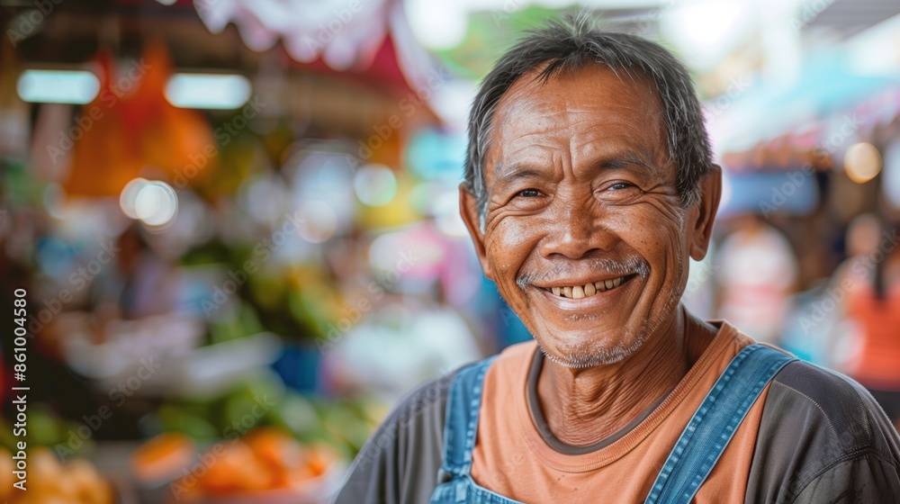A smiling man in casual attire stands at a vibrant outdoor market, surrounded by colorful produce and bustling with activity. A smiling man in casual attire stands at a vibrant outdoor market, surrounded by colorful produce and bustling with activity.