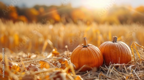 Two pumpkins resting in a sunlit field amidst autumn leaves, evoking a warm harvest season and fall ambiance.