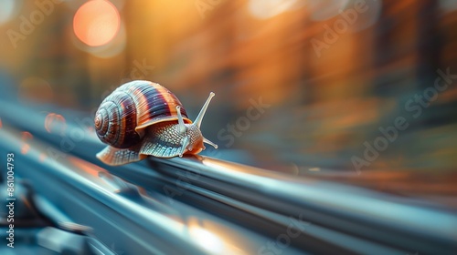 Snail racing on highspeed bullet train, humorously outpacing the train itself, against motion blurred landscape background photo