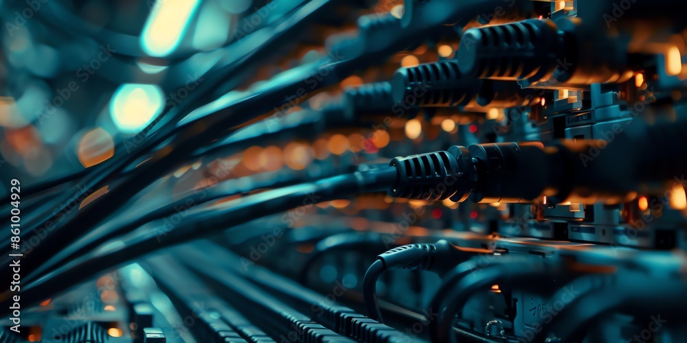 Fototapeta premium wallpaper server room data center cable LAN UTP, RJ45, cable optic, background, router, link, network, panel, patch, plug, port, rack, 2:1, 