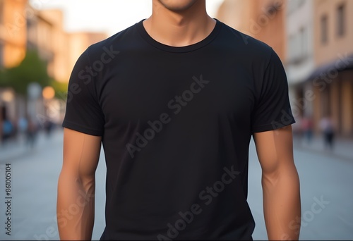 Young Model Shirt Mockup, Boy wearing a black t-shirt on the street in daylight, Shirt Mockup Template on hipster adult for design print, Male guy wearing casual t-shirt mockup placement © Sharif54