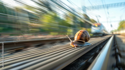 Snail racing on highspeed bullet train, humorously outpacing the train itself, against motion blurred landscape background photo