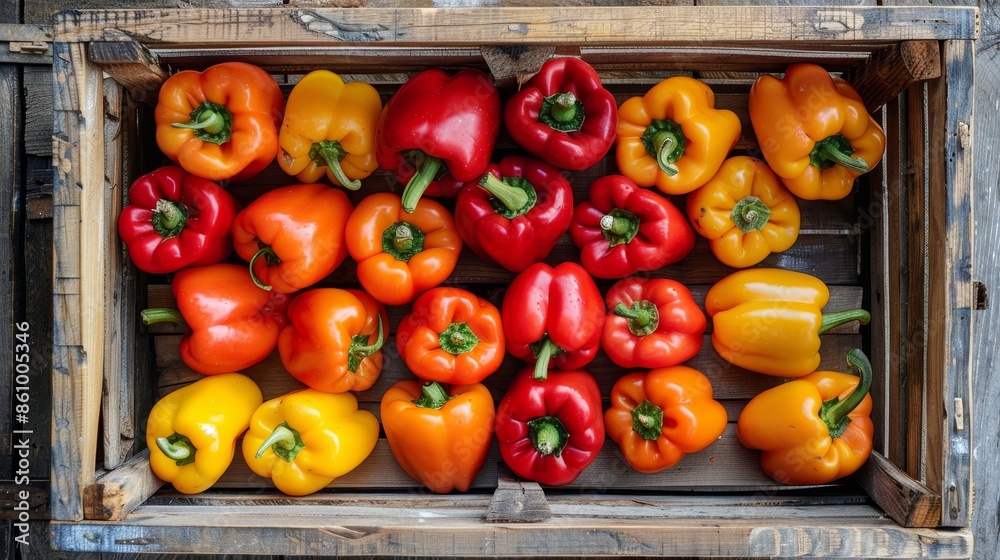 Vibrant display of fresh red, orange, and yellow Paprika in a wooden crate, top view, showcasing colorful bell peppers in an organized arrangement