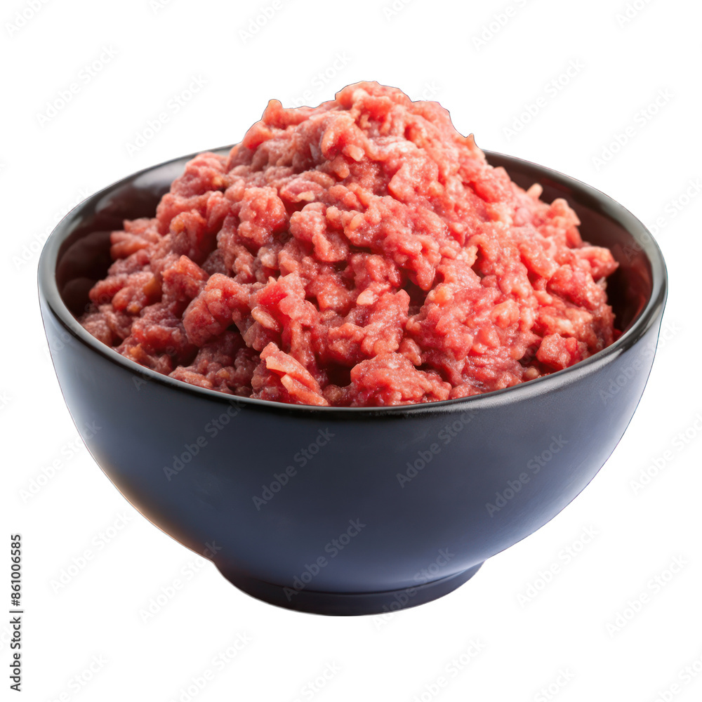 Raw ground meat on black bowl isolated on transparent background Raw ground meat on black bowl isolated on transparent background