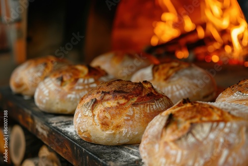freshly baked round bread on the background of the oven with fire.