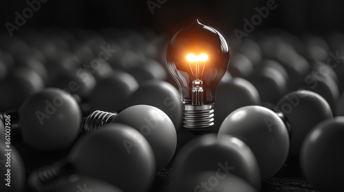 The concept of individuality: one bright light bulb standing out from the crowd thanks to its unique glow. photo