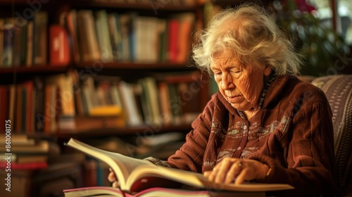 Elderly Woman Reading a Book in a Cozy Library with Warm Lighting and Bookshelves in the Background