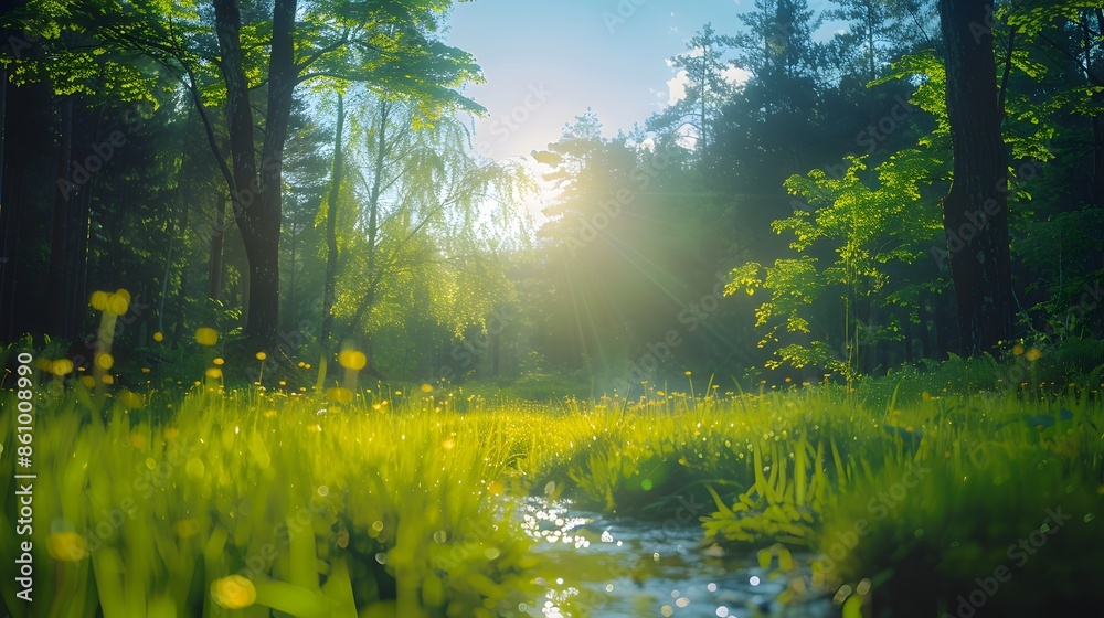 Fototapeta premium Sunlit Stream Flowing Through Lush Green Forest During Daytime