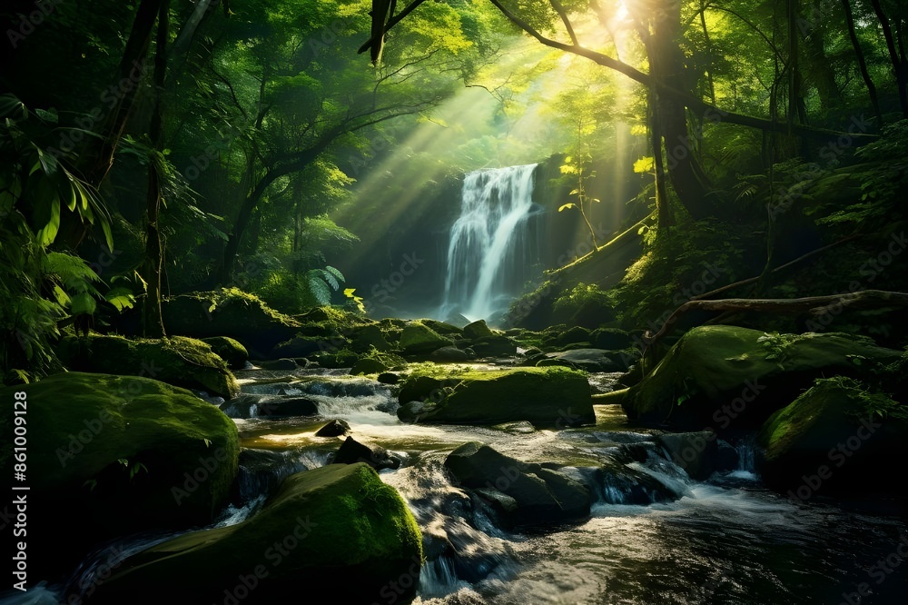 nature green forest, the morning scenery view of the waterfall with sunlight, refresh and calm nature green forest, the morning scenery view of the waterfall with sunlight, refresh and calm