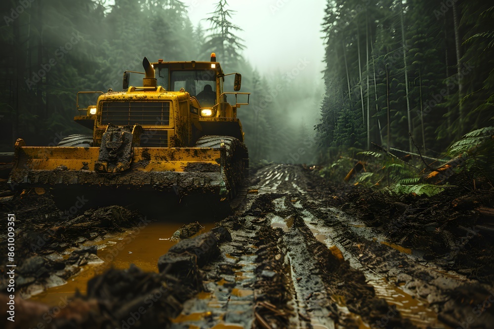 Yellow Bulldozer Driving Through a Muddy Forest Road Yellow Bulldozer Driving Through a Muddy Forest Road