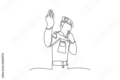 Single continuous line drawing police use whistles to regulate traffic. police activities minimalist concept. One line draw graphic design vector illustration.