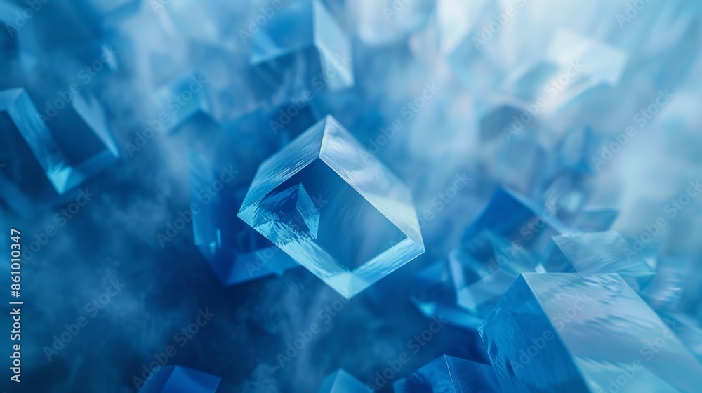 Geometric shapes hovering in an expansive blue space, abstract and floating, creating a mesmerizing visual effect Geometric shapes hovering in an expansive blue space, abstract and floating, creating a mesmerizing visual effect