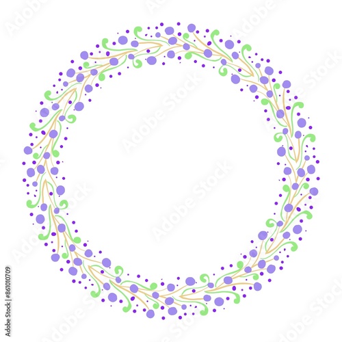 Circles of purple flowers with a natural theme and white background can be used for design purposes