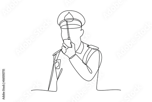 Single continuous line drawing a policeman uses a hand radio to communicate together. police activities minimalist concept. One line draw graphic design vector illustration.