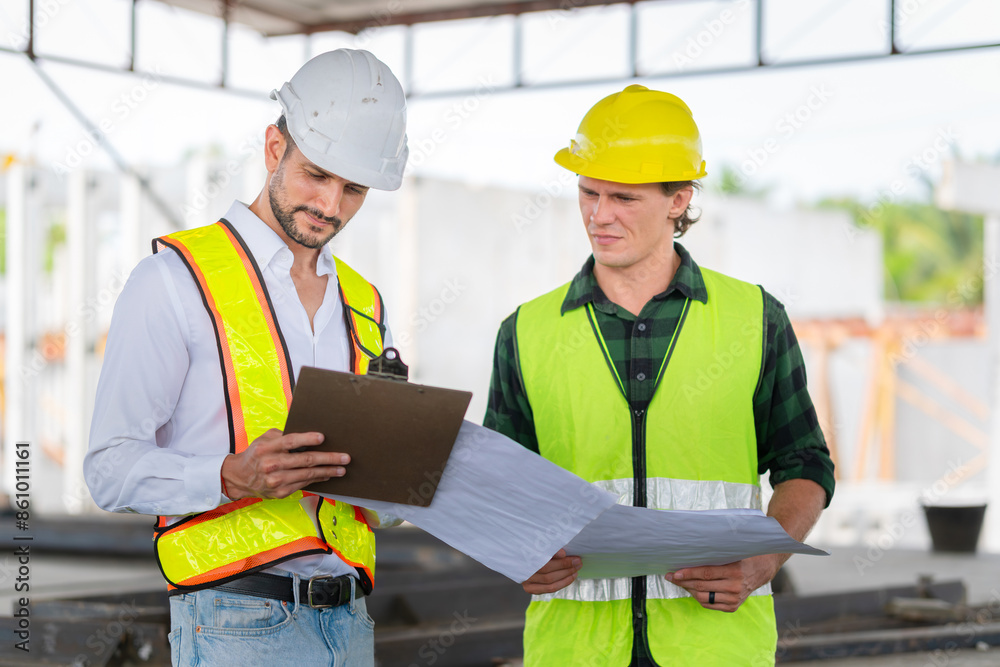 Engineer and foreman worker team inspect the construction site, Site manager and builder on construction site Engineer and foreman worker team inspect the construction site, Site manager and builder on construction site