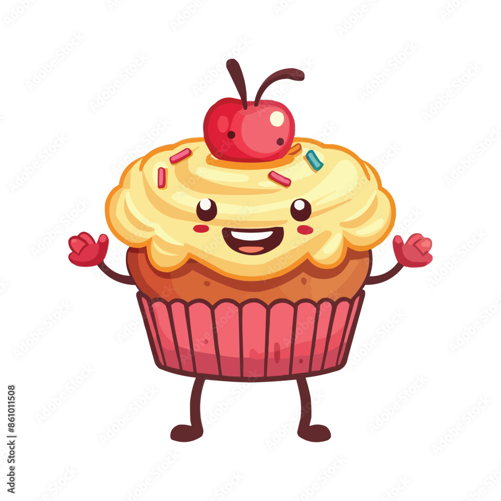 happy Cupcake cartoon character with arms and legs on white background happy Cupcake cartoon character with arms and legs on white background