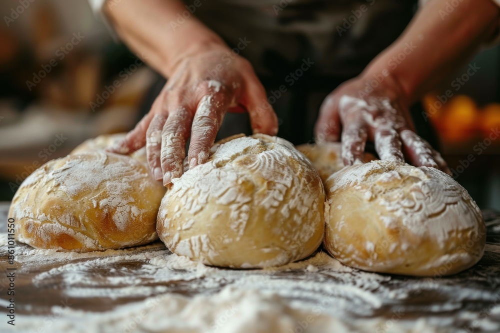 the process of baking round bread in the oven. the process of baking round bread in the oven.