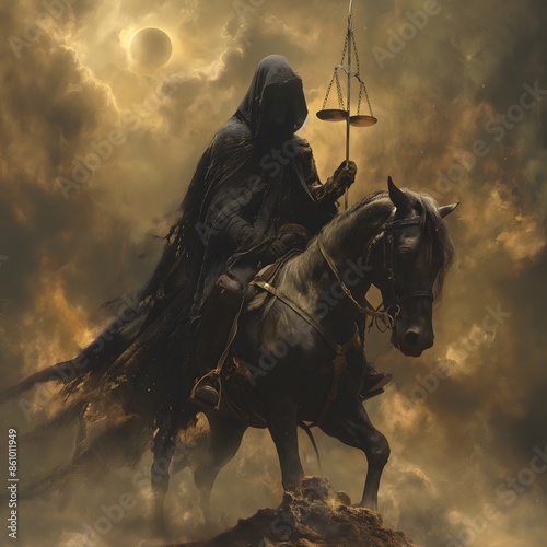 The Third of the Four Horsemen of the Apocalypse, Carrying Scales and Riding a Black Horse Symbolizing Famine. Bible illustration from the Book of Revelation