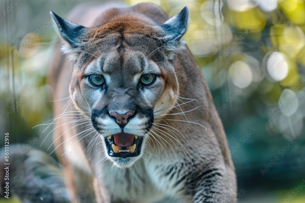 Fototapeta premium Angry cougar or fierce mountain lion close-up snarling