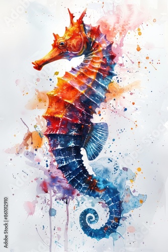 Vibrant watercolor painting of a seahorse with a splashing color background