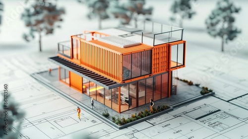 Industrial-style cargo container model with modern metal hues, juxtaposed with detailed building blueprint plans