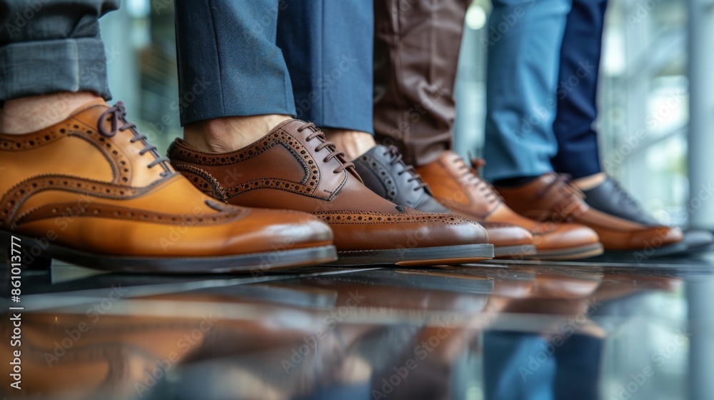 Close-up of business shoes on a team people standing nearby. Close-up of business shoes on a team people standing nearby.