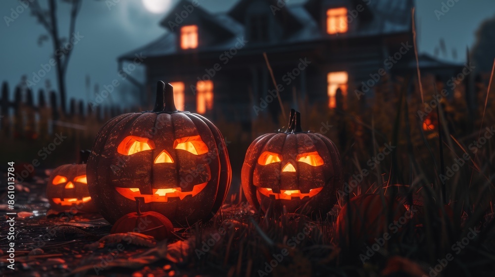 Spooky Halloween Pumpkins in Front of a Haunted House Spooky Halloween Pumpkins in Front of a Haunted House
