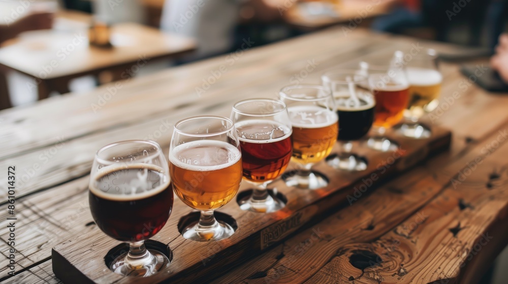 Assorted Craft Beer Flight on Rustic Wooden Table in a Cozy Pub Setting Assorted Craft Beer Flight on Rustic Wooden Table in a Cozy Pub Setting