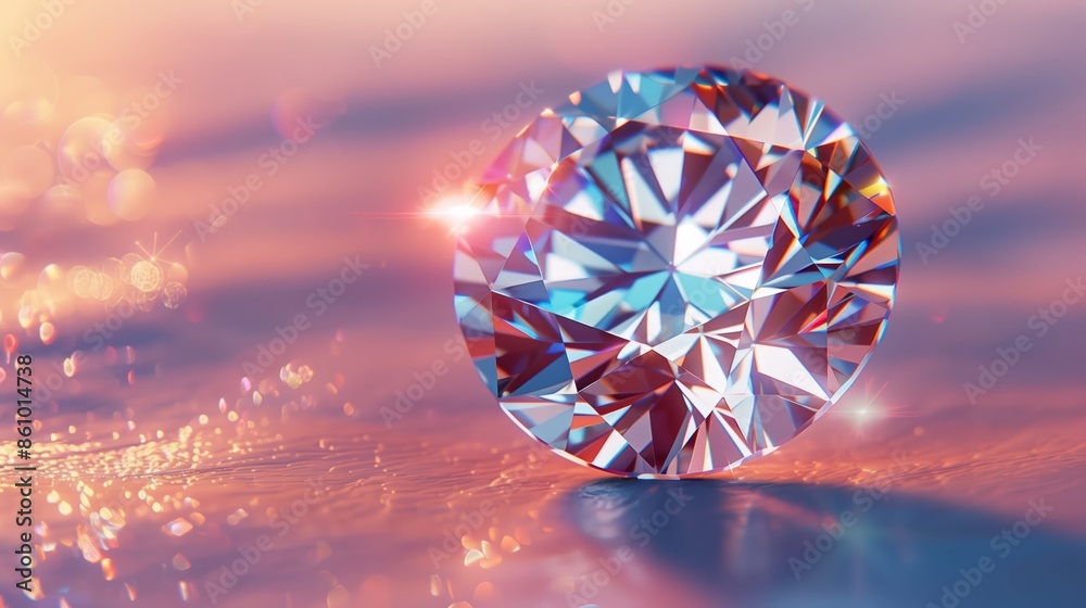 Fototapeta premium Brilliant Diamond Sparkling Under Soft Sunset Glow on Luminous Surface