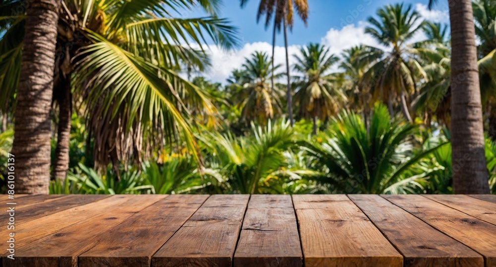 rustic wooden table and, in the background, a palm garden blurred with nature, various types of palm trees, vegetation, and sky, to use as a background for products. rustic wooden table and, in the background, a palm garden blurred with nature, various types of palm trees, vegetation, and sky, to use as a background for products.