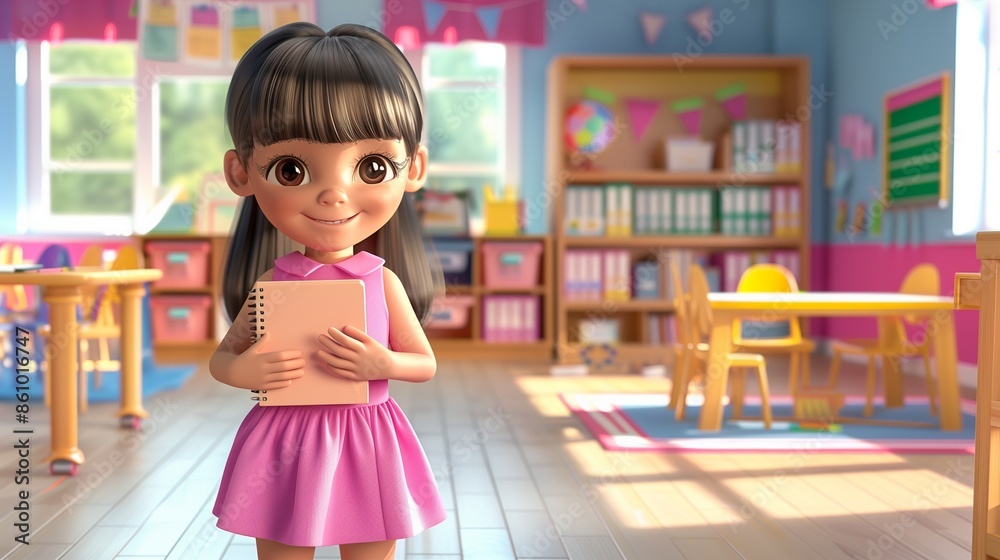 Back to School - Girl in a pink dress holding a notebook, ready for her ...