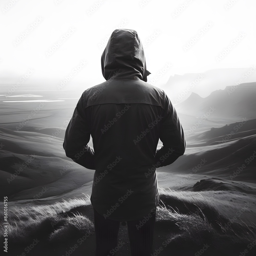 A man in hoodie standing on top of a mountain and looking at a misty landscape Generated by AI A man in hoodie standing on top of a mountain and looking at a misty landscape Generated by AI