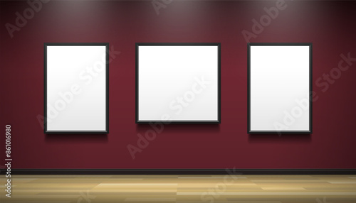 three blank picture frames  on the wall museum art  gallery interior mock up vector illustration