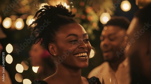 Happy black woman laughing and talking to her boyfriend at an evening party with friends in the background, Sony Alpha A7 III, portrait lens, festive lighting, warm tones, joyful atmosphere in the sty photo