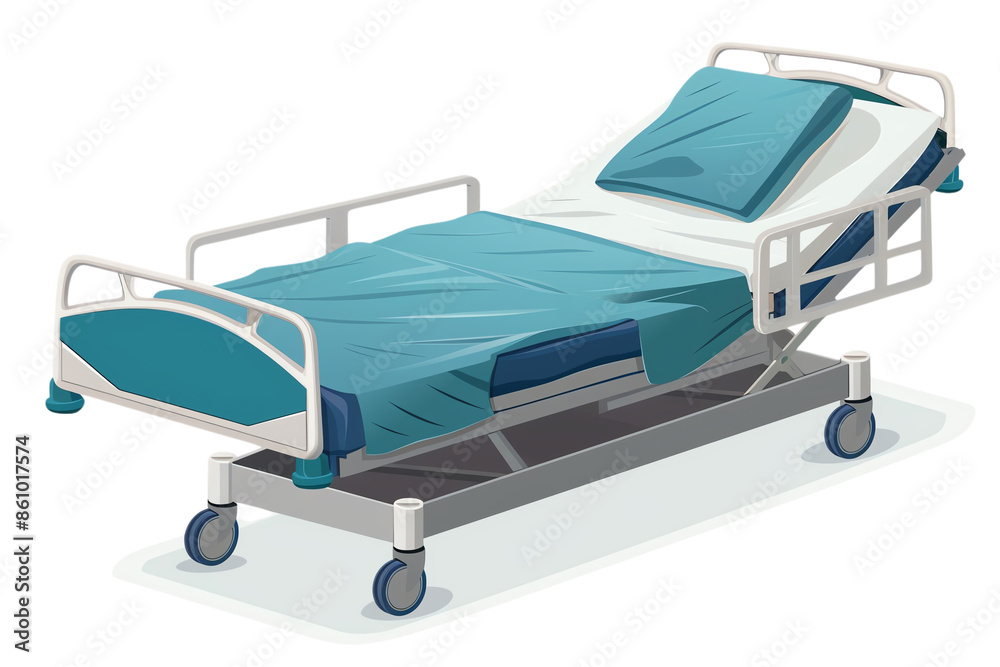 Isolated hospital bed with blue linens, representing medical care and hospital equipment, suitable for healthcare and hospital-themed imagery. Isolated hospital bed with blue linens, representing medical care and hospital equipment, suitable for healthcare and hospital-themed imagery.