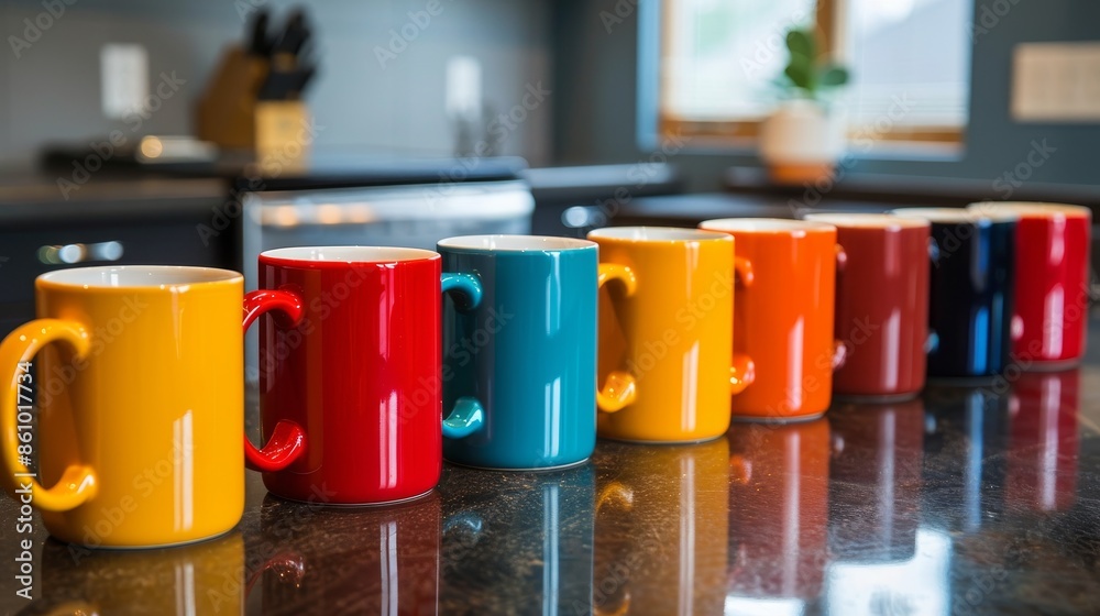 Multi-colored coffee mugs lined up on a countertop, professionally photographed to emphasize their diversity and design details Multi-colored coffee mugs lined up on a countertop, professionally photographed to emphasize their diversity and design details