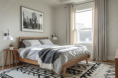 A Scandinavian style bedroom with a wooden bed frame